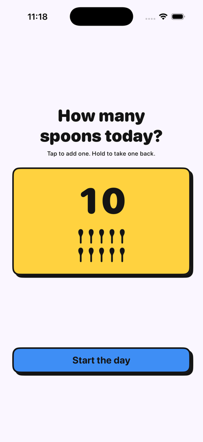 The budget screen, asking how many spoons you have today, with plus and minus buttons.