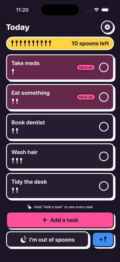 The home screen in dark mode, with the same layout on a deep violet background.